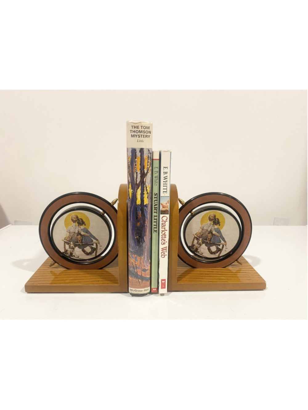 1998 Norman Rockwell Puppy Love Rotating Wood Bookends Curtis Publishing Pair